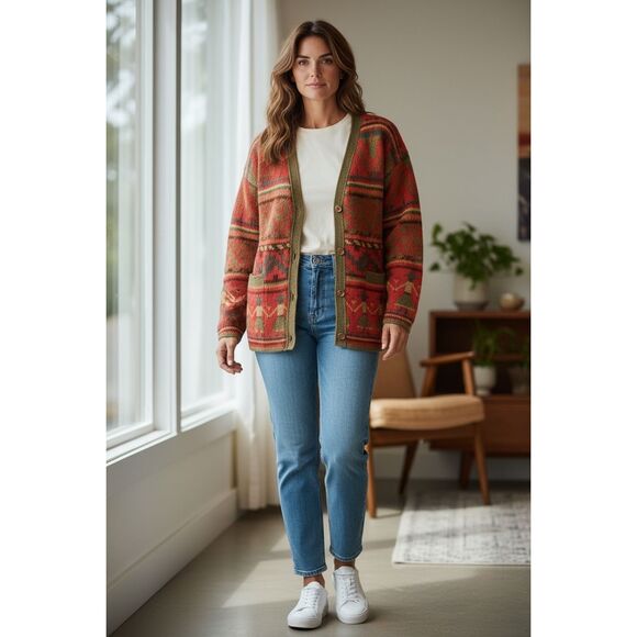 Express Tricot Cardigan Size S Women Fall Red Hand Knit 100% Wool Chunky Knit - Picture 10 of 10